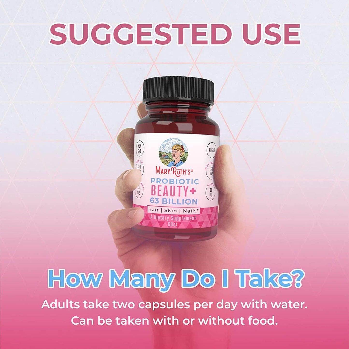 Vegan Probiotics for Women 63 Billion CFU by MaryRuth - 2-in-1 Probiotic + Organic and Plant Based Collagen Immunity Booster + Biotin for Hair, Skin and Nail Health – Non-GMO 30 Day Supply - Glass Bottle