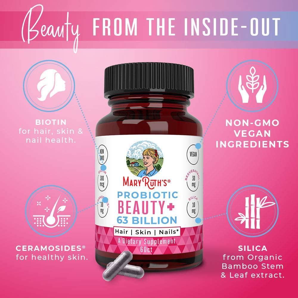 Vegan Probiotics for Women 63 Billion CFU by MaryRuth - 2-in-1 Probiotic + Organic and Plant Based Collagen Immunity Booster + Biotin for Hair, Skin and Nail Health – Non-GMO 30 Day Supply - Glass Bottle