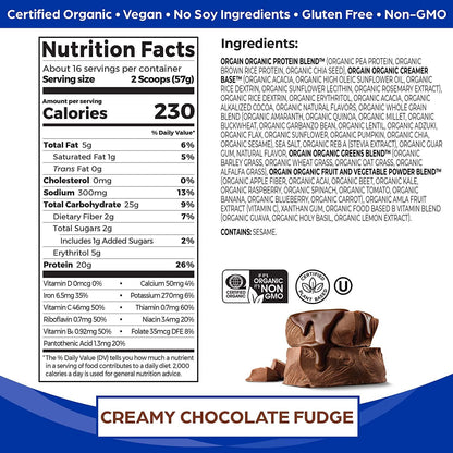 Vegan Protein Meal Replacement Powder by Orgain - 20g of Protein, Certified Organic and Plant Based, No Gluten, Soy or Dairy, Non-GMO, Creamy Chocolate Fudge, 2.01lb (Packaging May Vary)