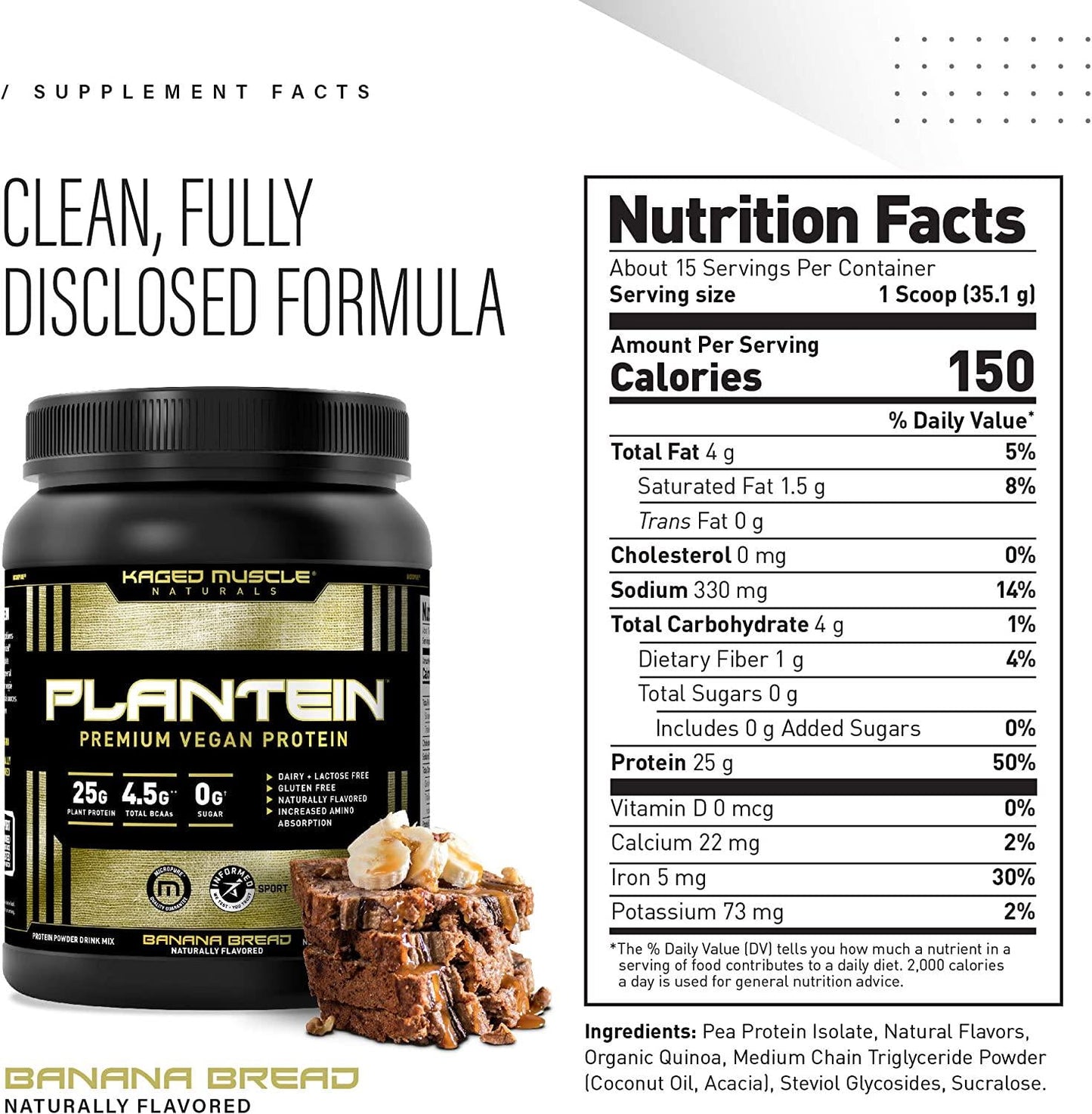 Vegan Protein Powder; Kaged Muscle Plantein, Delicious Organic Pea Protein Powder with Enhanced Absorption (15 Servings, Banana Bread)