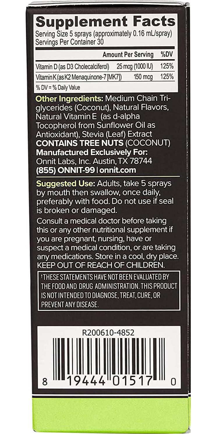 Vegan Vitamin D3 Spray with Vitamin K2 by Onnit | 1000 IU Per Serving | Passion Fruit Guava Flavor | 24ml Per Bottle