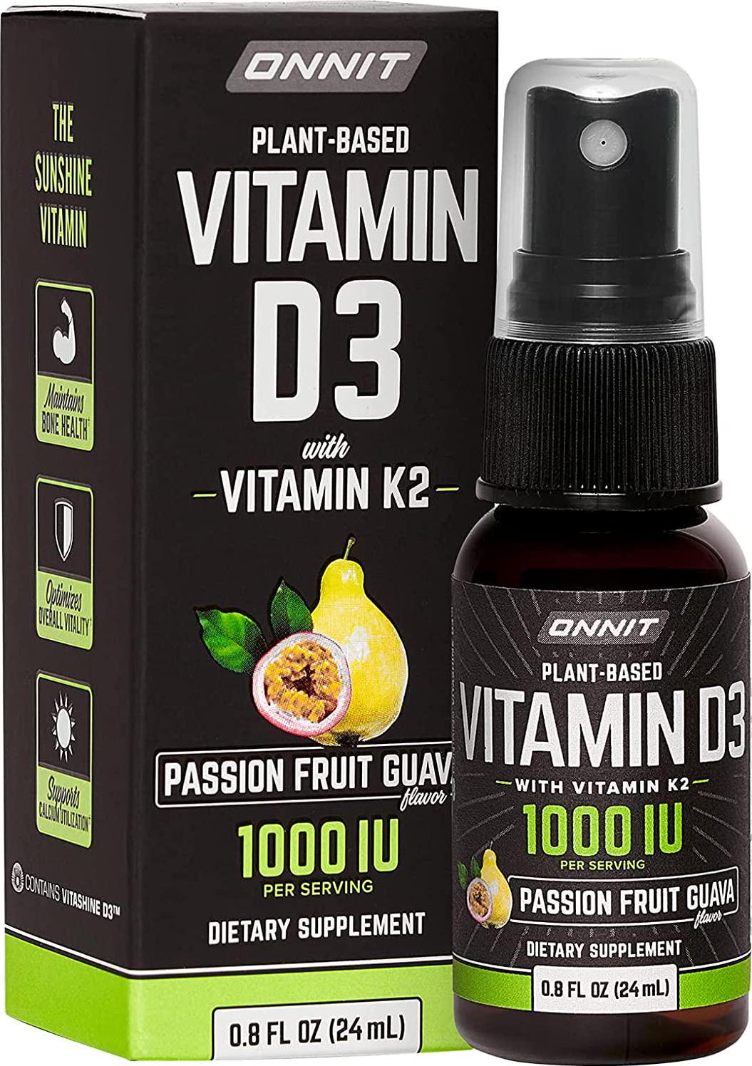 Vegan Vitamin D3 Spray with Vitamin K2 by Onnit | 1000 IU Per Serving | Passion Fruit Guava Flavor | 24ml Per Bottle