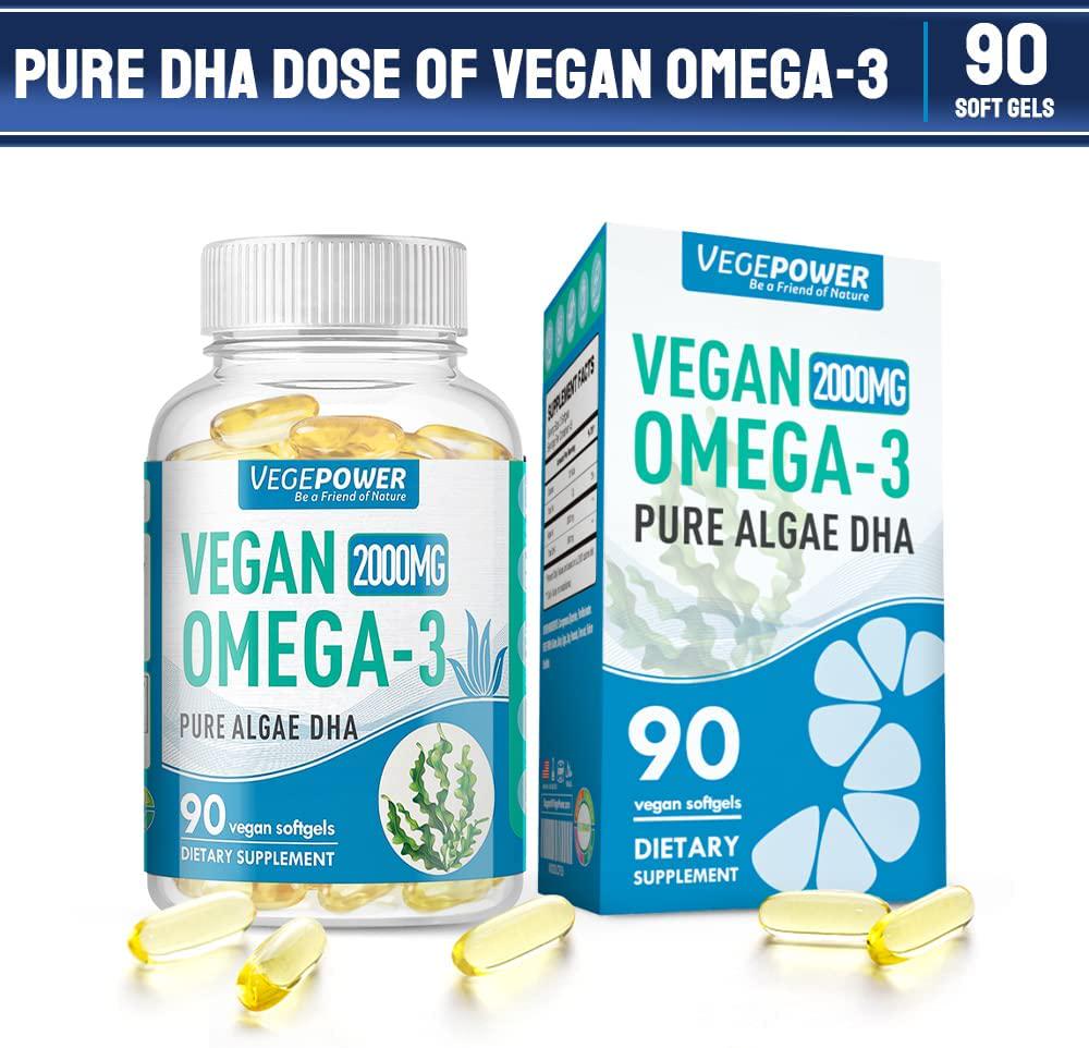 Vegepower Vegan Omega 3 DHA Supplement, Fish Oil Alternative, 2000mg Algae Oil for Brain, Heart, Eyes Health, Immune System Support, Plant-Based, Non-GMO, Vegan DHA Prenatal Supplement - 90 Softgels