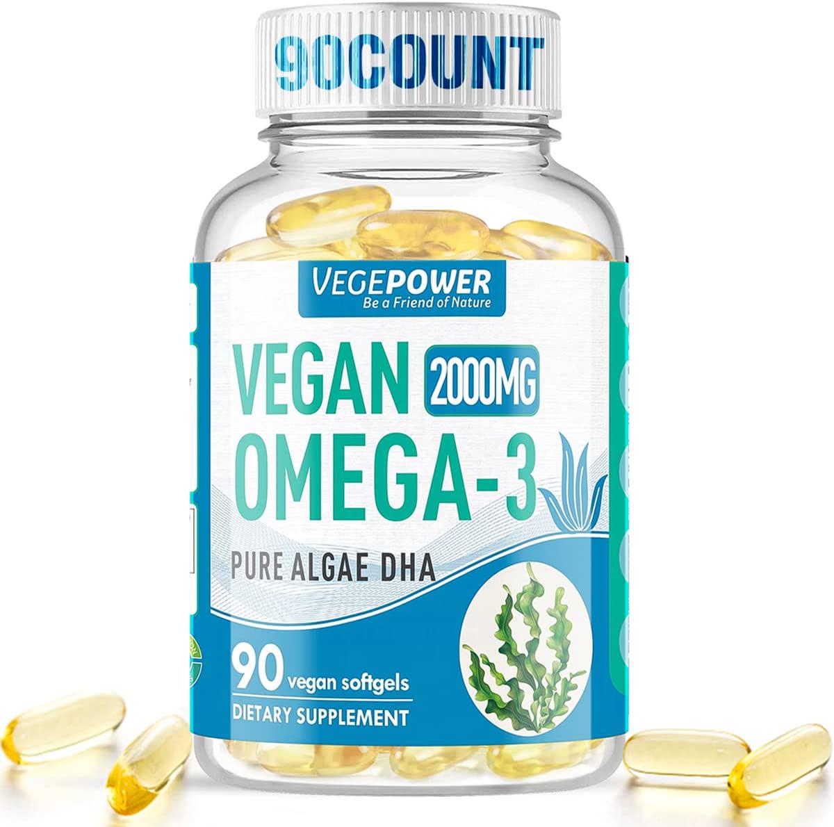 Vegepower Vegan Omega 3 DHA Supplement, Fish Oil Alternative, 2000mg Algae Oil for Brain, Heart, Eyes Health, Immune System Support, Plant-Based, Non-GMO, Vegan DHA Prenatal Supplement - 90 Softgels
