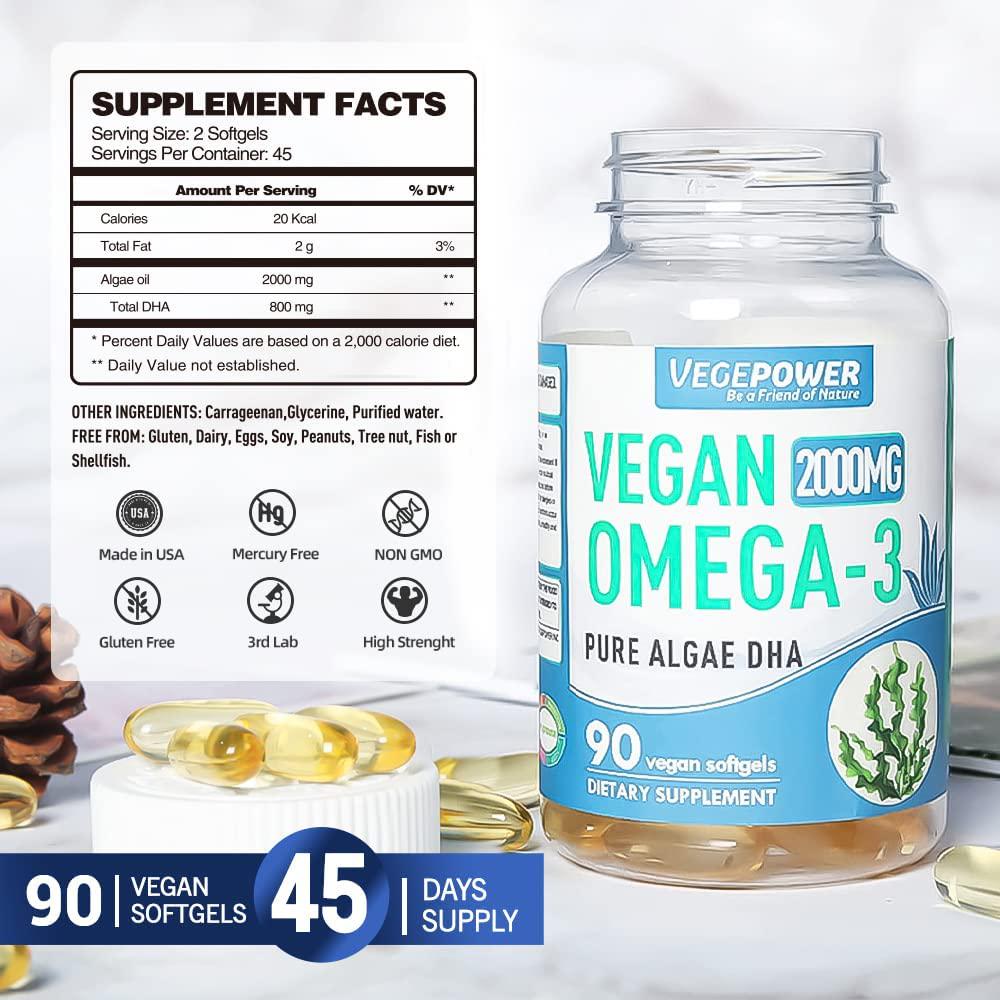 Vegepower Vegan Omega 3 DHA Supplement, Fish Oil Alternative, 2000mg Algae Oil for Brain, Heart, Eyes Health, Immune System Support, Plant-Based, Non-GMO, Vegan DHA Prenatal Supplement - 90 Softgels