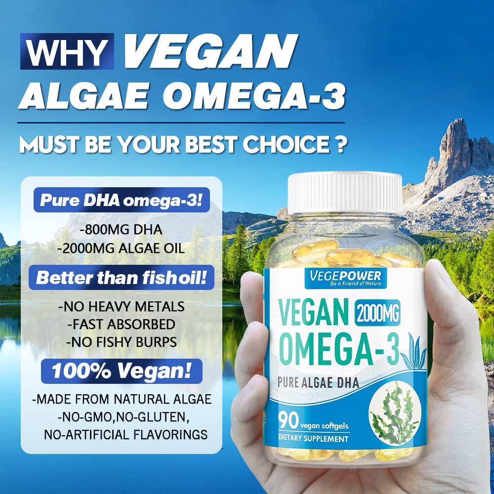 Vegepower Vegan Omega 3 DHA Supplement, Fish Oil Alternative, 2000mg Algae Oil for Brain, Heart, Eyes Health, Immune System Support, Plant-Based, Non-GMO, Vegan DHA Prenatal Supplement - 90 Softgels