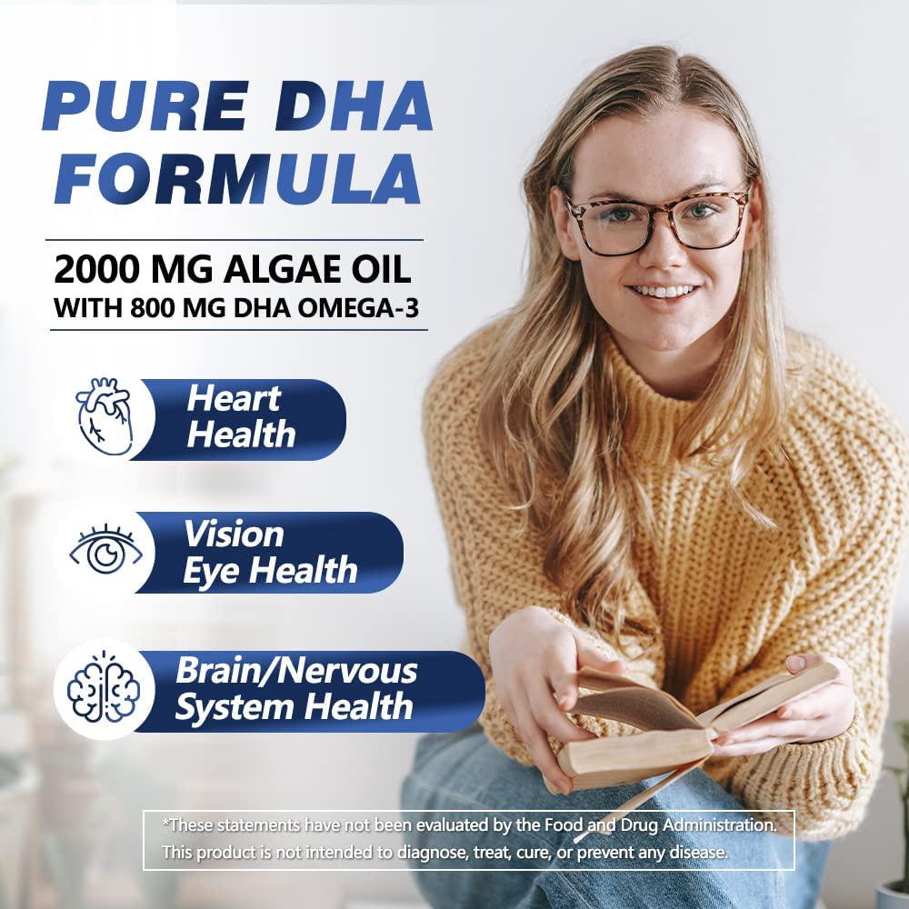 Vegepower Vegan Omega 3 DHA Supplement, Fish Oil Alternative, 2000mg Algae Oil for Brain, Heart, Eyes Health, Immune System Support, Plant-Based, Non-GMO, Vegan DHA Prenatal Supplement - 90 Softgels