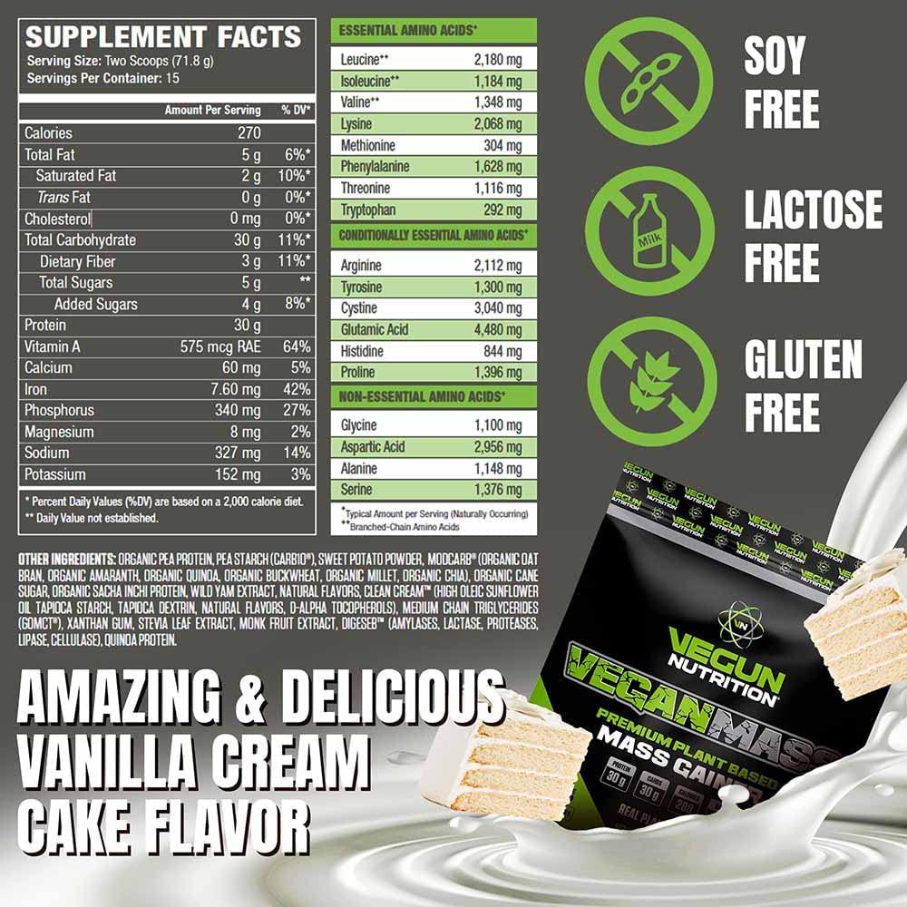 Vegun Nutrition VEGANMASS Vegan Mass Gainer Protein Powder, Plant Based Organic Meal Replacement Superfood, for Muscle Weight Gain Bulking, Gluten Soy Dairy Free, for Men Women (Vanilla Cream Cake)