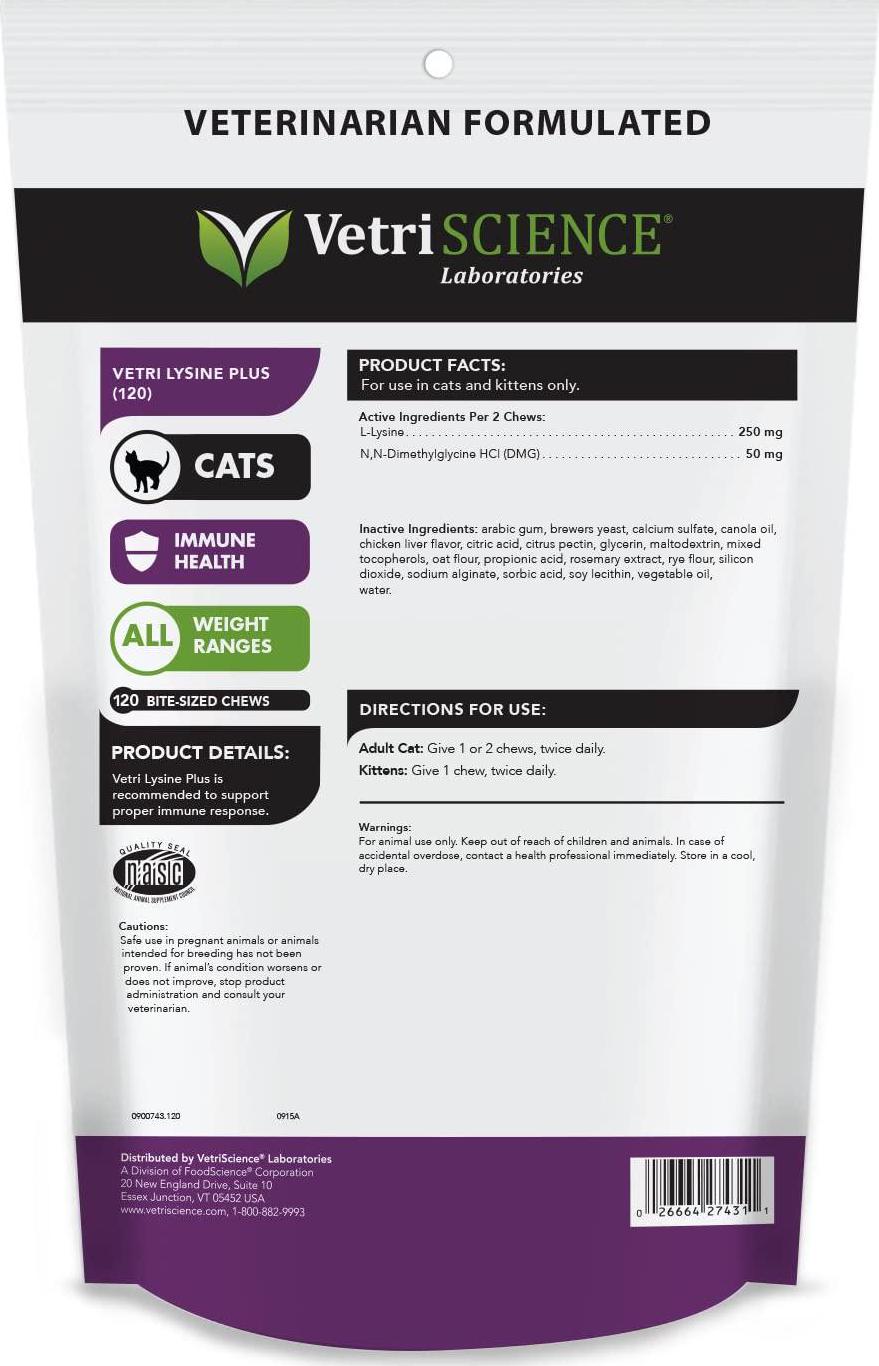 VetriScience Laboratories - Vetri Lysine Plus, 120 Bite Sized Chews, 3 Pack