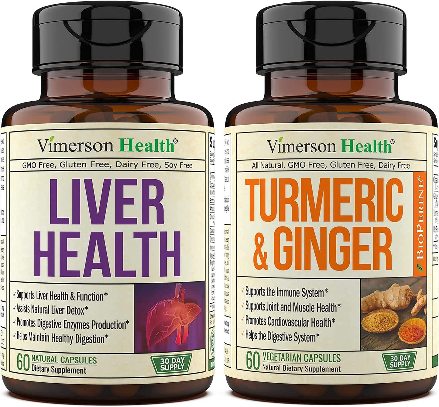 Vimerson Health Liver Health + Turmeric Ginger Bundle. Liver Cleanse and Detox - Artichoke, Milk Thistle, Ginger, Celery. Joint Support and Pain Relief with BioPerine. Inflammation and Antioxidant Balance