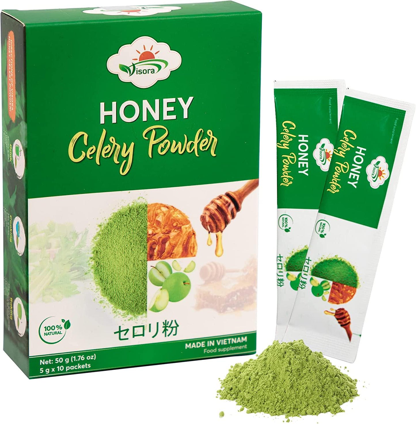 Visora Honey Celery Powder, Helps Cleanse and Detoxify, Supports Healthy Digestion, Boosts Immune Support, Antioxidant Support, Rich in Vitamin C and Minerals, Vegan (1 Box of 10 Servings)
