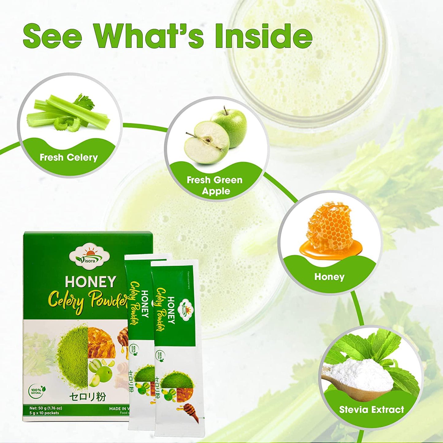 Visora Honey Celery Powder, Helps Cleanse and Detoxify, Supports Healthy Digestion, Boosts Immune Support, Antioxidant Support, Rich in Vitamin C and Minerals, Vegan (1 Box of 10 Servings)