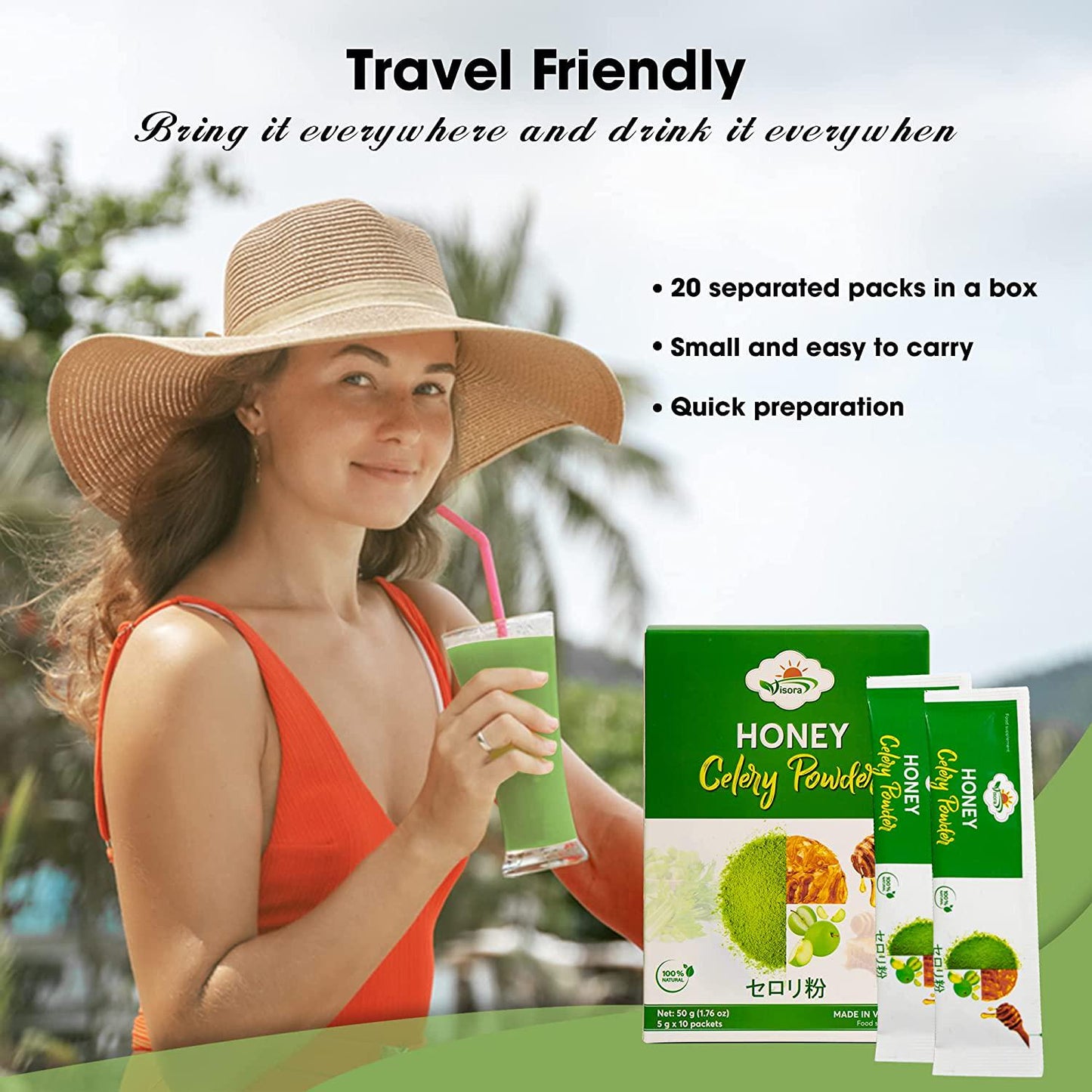 Visora Honey Celery Powder, Helps Cleanse and Detoxify, Supports Healthy Digestion, Boosts Immune Support, Antioxidant Support, Rich in Vitamin C and Minerals, Vegan (1 Box of 10 Servings)