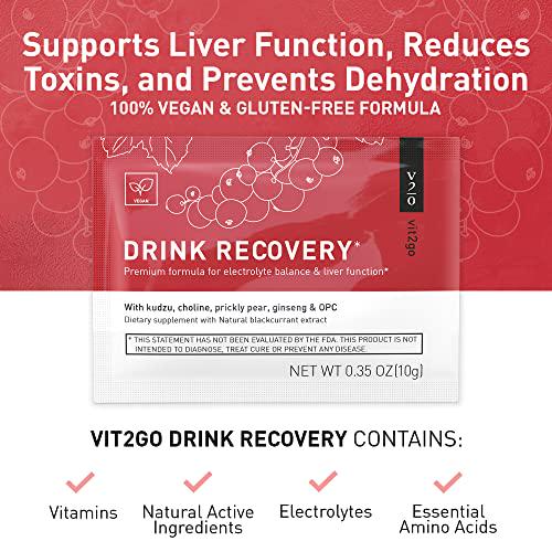 Vit2go Drink Recovery Electrolytes Powder Hangover Formula 250g with Vitamins, Vegan Electrolyte Packets for Hydration and Liver Detox, Blackcurrant Flavor (10 Sachets)