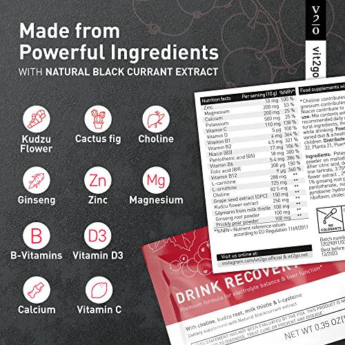 Vit2go Drink Recovery Electrolytes Powder Hangover Formula 250g with Vitamins, Vegan Electrolyte Packets for Hydration and Liver Detox, Blackcurrant Flavor (10 Sachets)