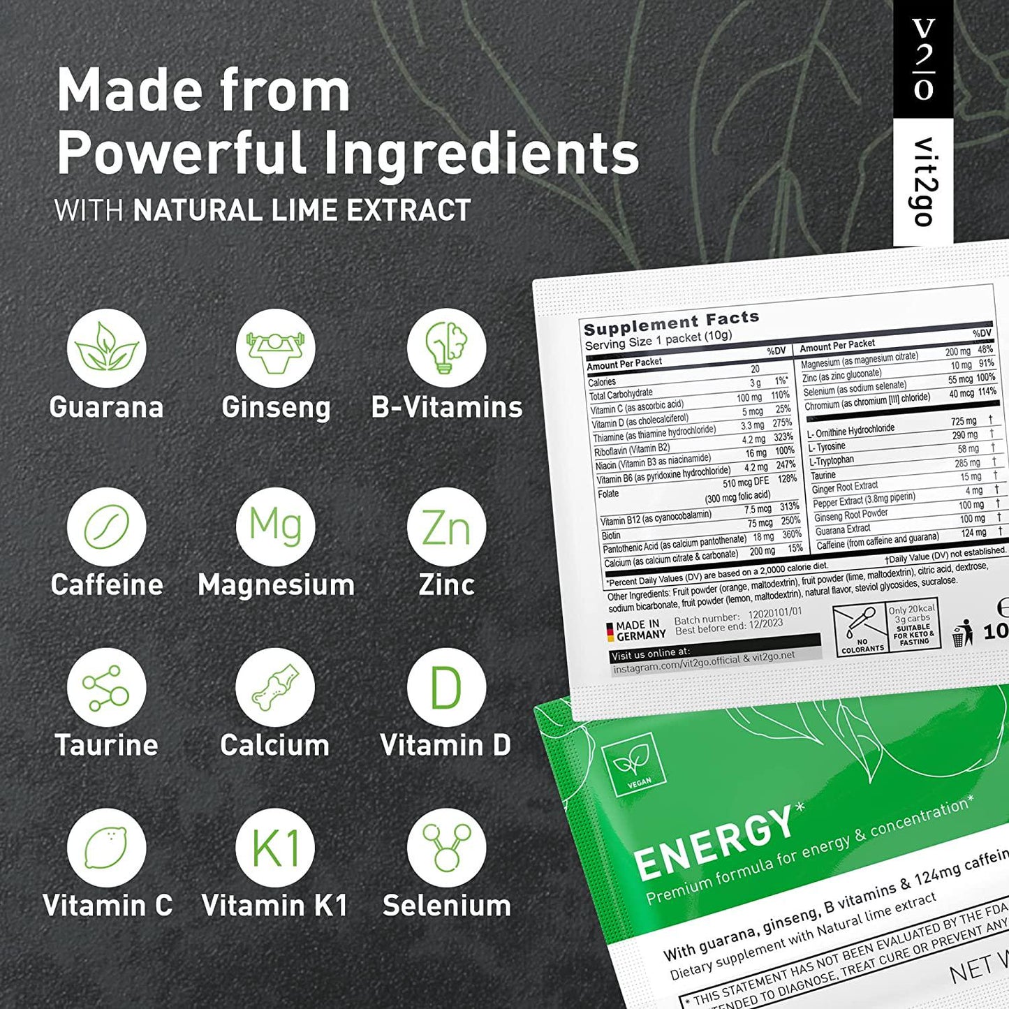 Vit2go Energy Powder with Magnesium, Zinc, and B Vitamins | Contains 124mg of natural caffeine from ginseng and guarana | Perfect for naturally enhancing mental and physical performance, 10 Sachets