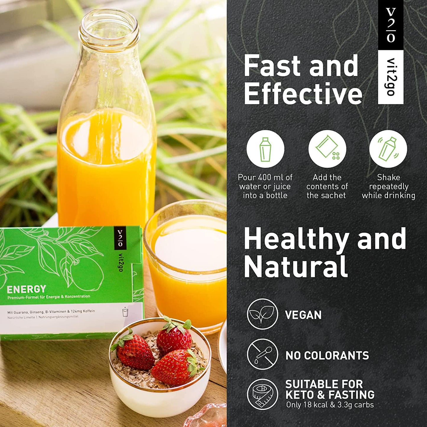 Vit2go Energy Powder with Magnesium, Zinc, and B Vitamins | Contains 124mg of natural caffeine from ginseng and guarana | Perfect for naturally enhancing mental and physical performance, 10 Sachets