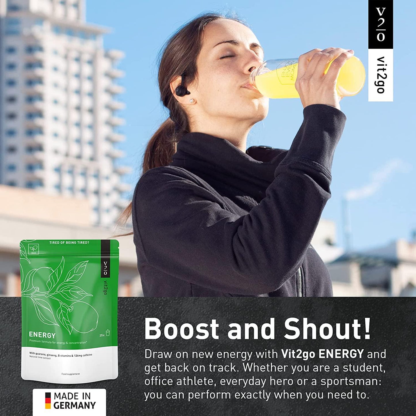 Vit2go Energy Powder with Magnesium, Zinc, and B Vitamins | Contains 124mg of natural caffeine from ginseng and guarana | Perfect for naturally enhancing mental and physical performance, 10 Sachets