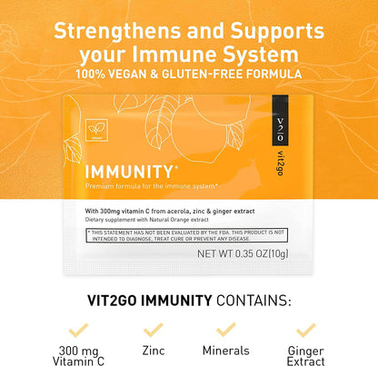 Vit2go Immunity (10 sachets) - Booster with Vitamins (A, B, C, D and K), Zinc and Ginger Extract, Supplements Made in Germany, Vegan