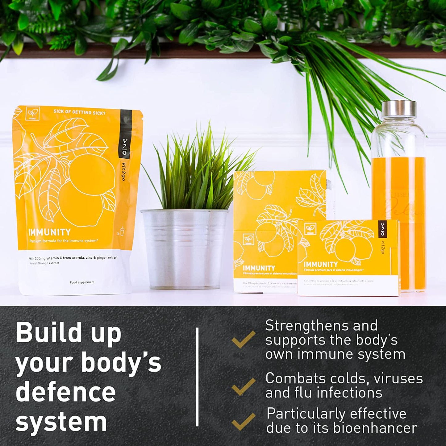 Vit2go Immunity (30 sachets) - Booster with Vitamins (A, B, C, D and K), Zinc and Ginger Extract, Vegan, Supplements Made in Germany