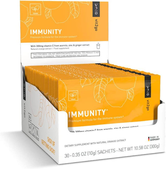 Vit2go Immunity (30 sachets) - Booster with Vitamins (A, B, C, D and K), Zinc and Ginger Extract, Vegan, Supplements Made in Germany