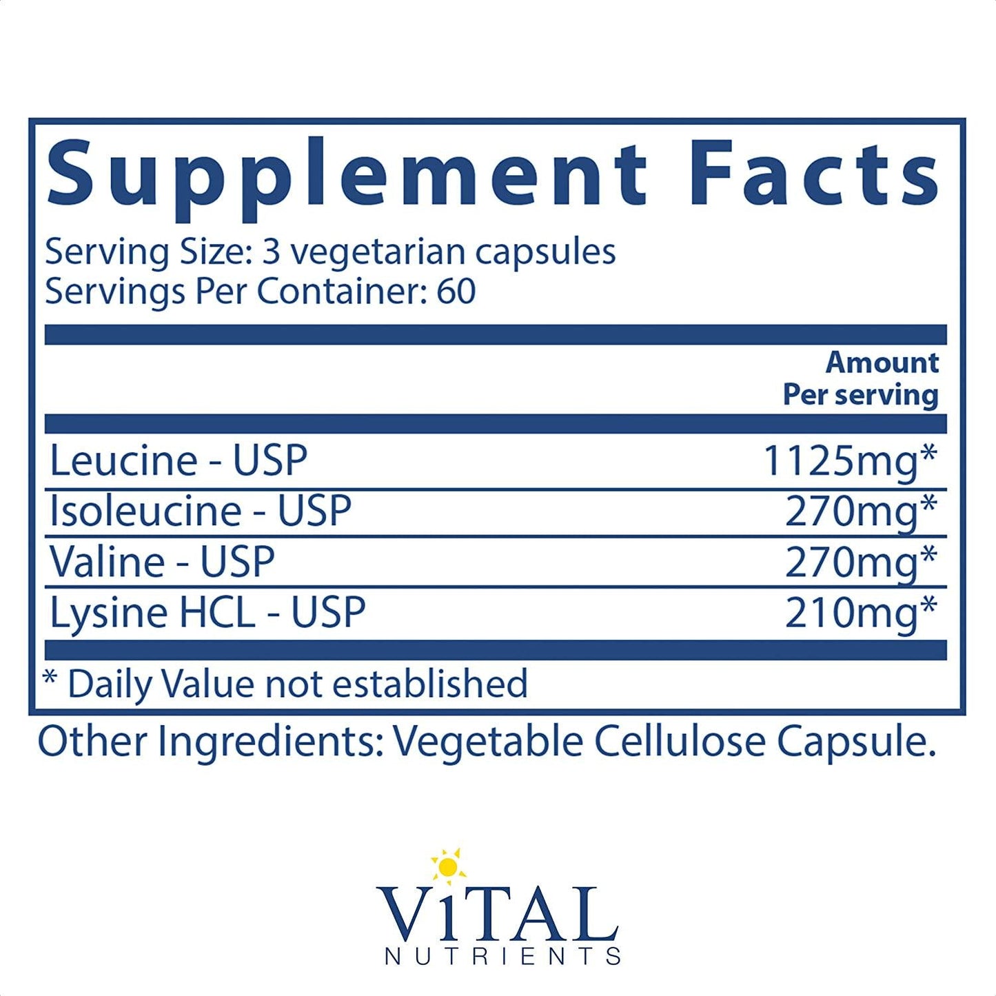 Vital Nutrients - Branched Chain Aminos - Blend of L-Leucine, L-Isoleucine, L-Valine, and L-Lysine HCl Amino Acids - 180 Vegetarian Capsules per Bottle