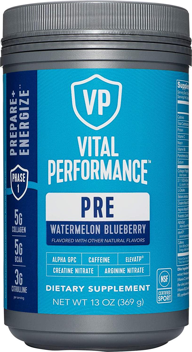 Vital Performance Pre-Workout Powder, NSF for Sport Certified, 5g Vital Proteins Collagen, Low Sugar, 140mg Caffeine, 1.5g Creatine Nitrate, 1.5g Arginine Nitrate, Watermelon Blueberry