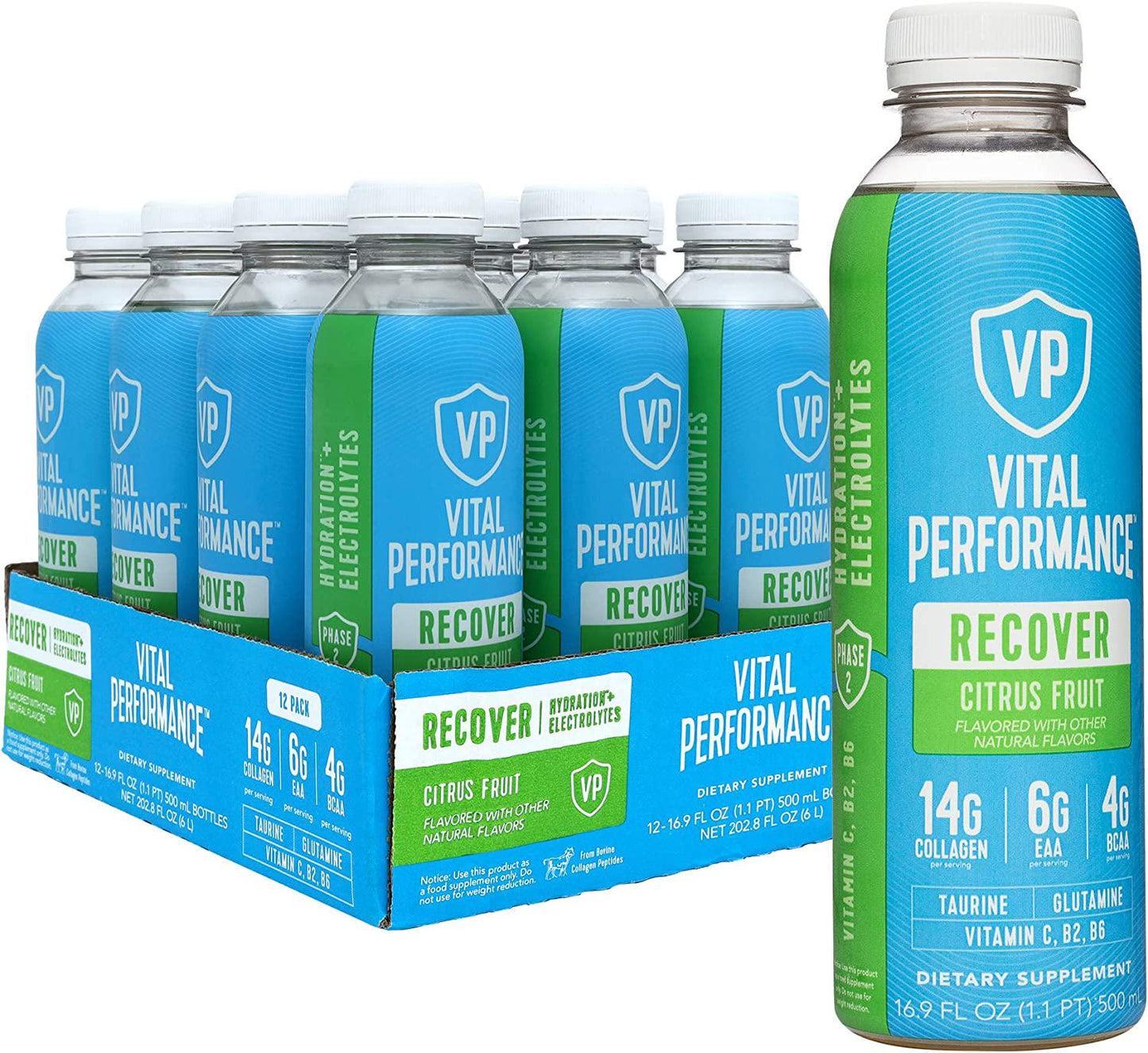 Vital Performance Recover Drink, 6g EAA, 4g BCAA,14g Collagen, NSF for Sport Certified, Low-Sugar, Post-Workout Recovery Drink, 12pack, 16.9oz Bottles - Yuzu Clementine