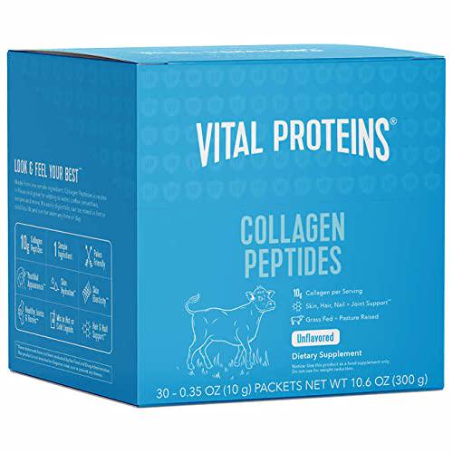 Vital Proteins Collagen Peptides Powder Supplement (Type I, III) Travel Packs, Hydrolyzed Collagen for Skin Hair Nail Joint - Dairy and Gluten Free - 10g per Serving - Unflavored 30 ct per Box