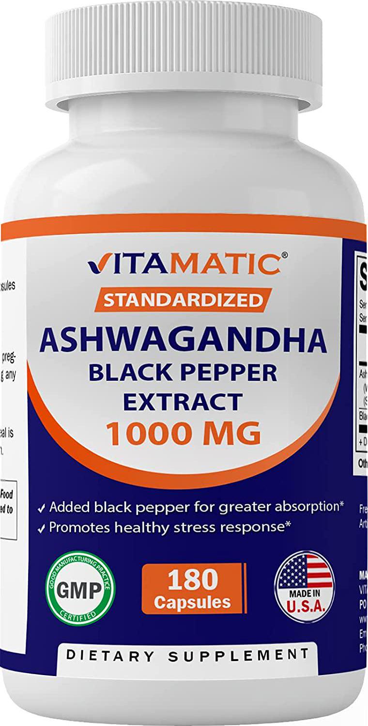 Vitamatic Ashwagandha 1000mg (Standardized Extract) with Black Pepper 180 Capsules
