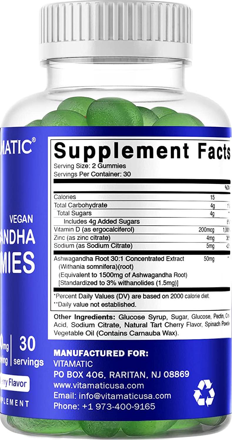 Vitamatic Ashwagandha Gummies 1500mg per serving - 60 Vegan Gummies - 3% Withanolides - Promotes stress relief naturally, relaxation, calmness and immune health