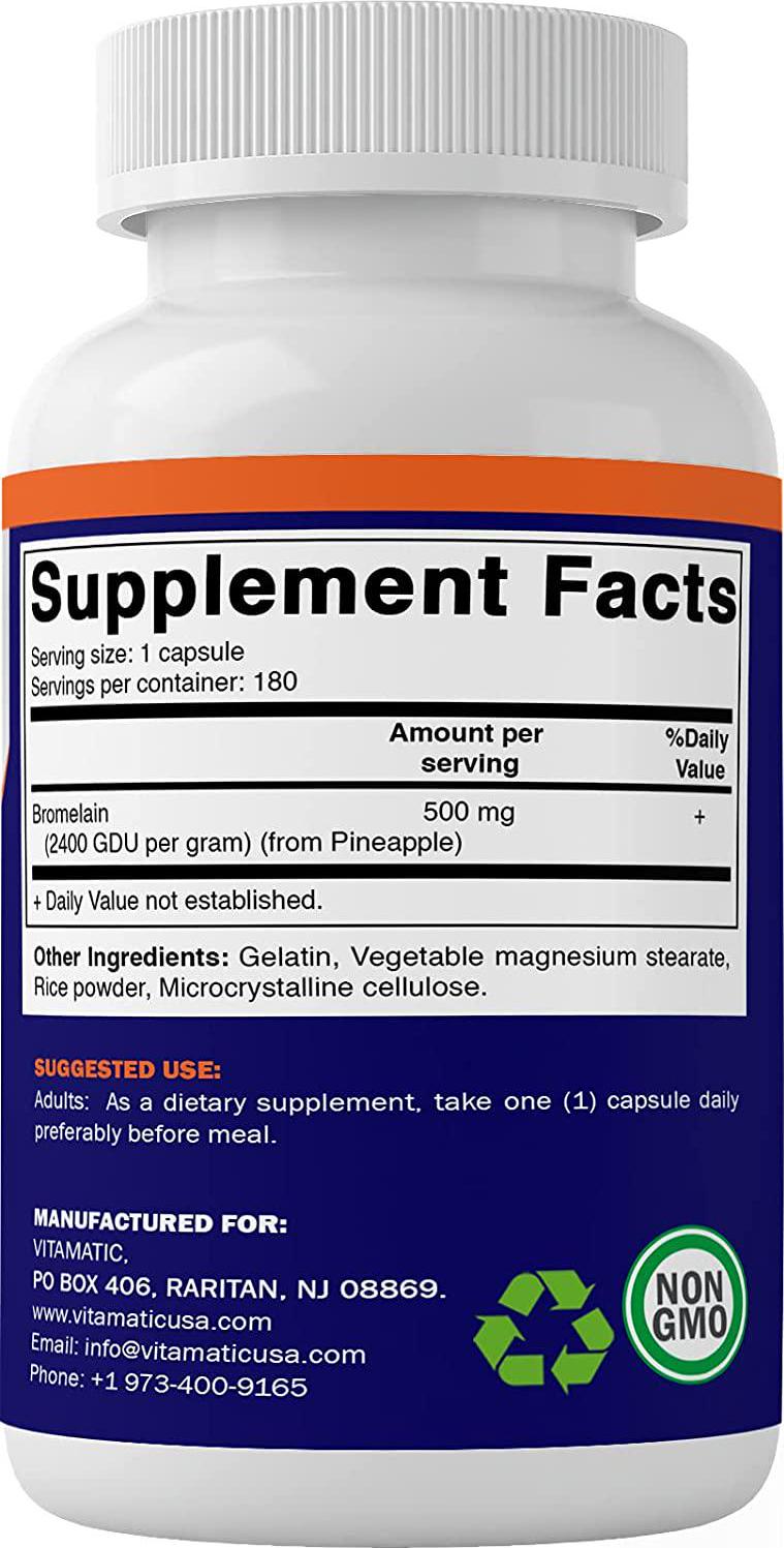 Vitamatic Bromelain Supplement 500mg, 2400 GDU/g, Proteolytic Enzymes, Supports Digestion of Proteins, 180 Count