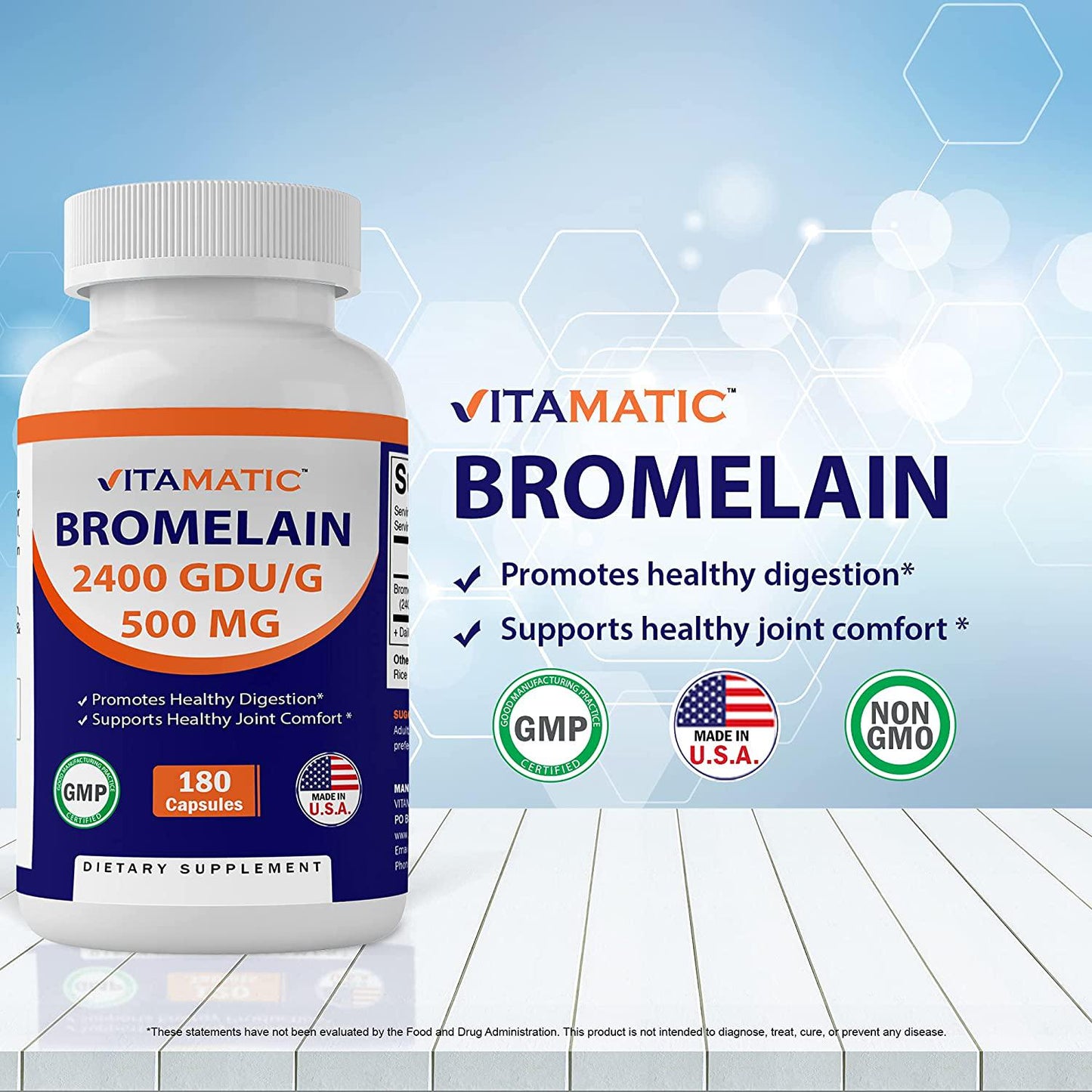 Vitamatic Bromelain Supplement 500mg, 2400 GDU/g, Proteolytic Enzymes, Supports Digestion of Proteins, 180 Count