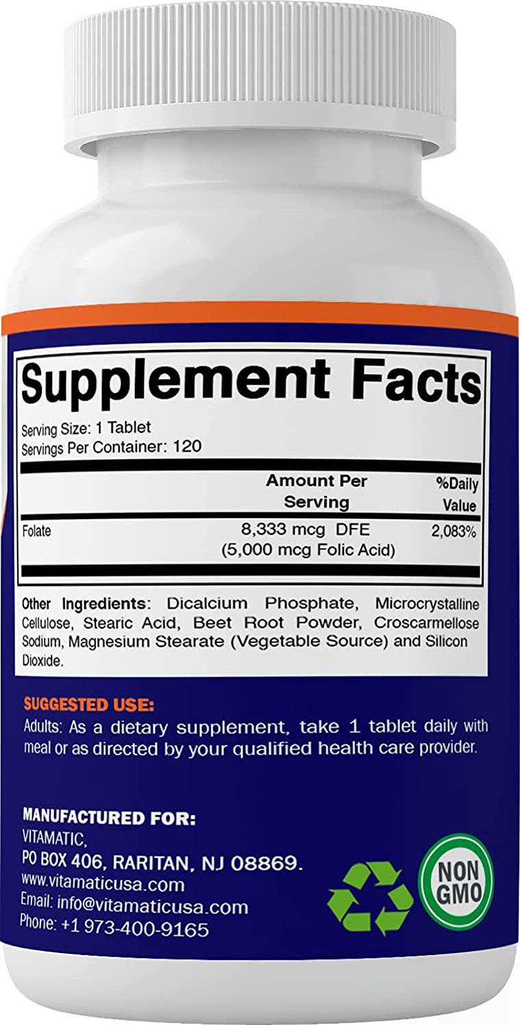 Vitamatic Folic Acid 5mg (5000 mcg) - 120 Vegetarian Tablets - (Vitamin B9 Folate)