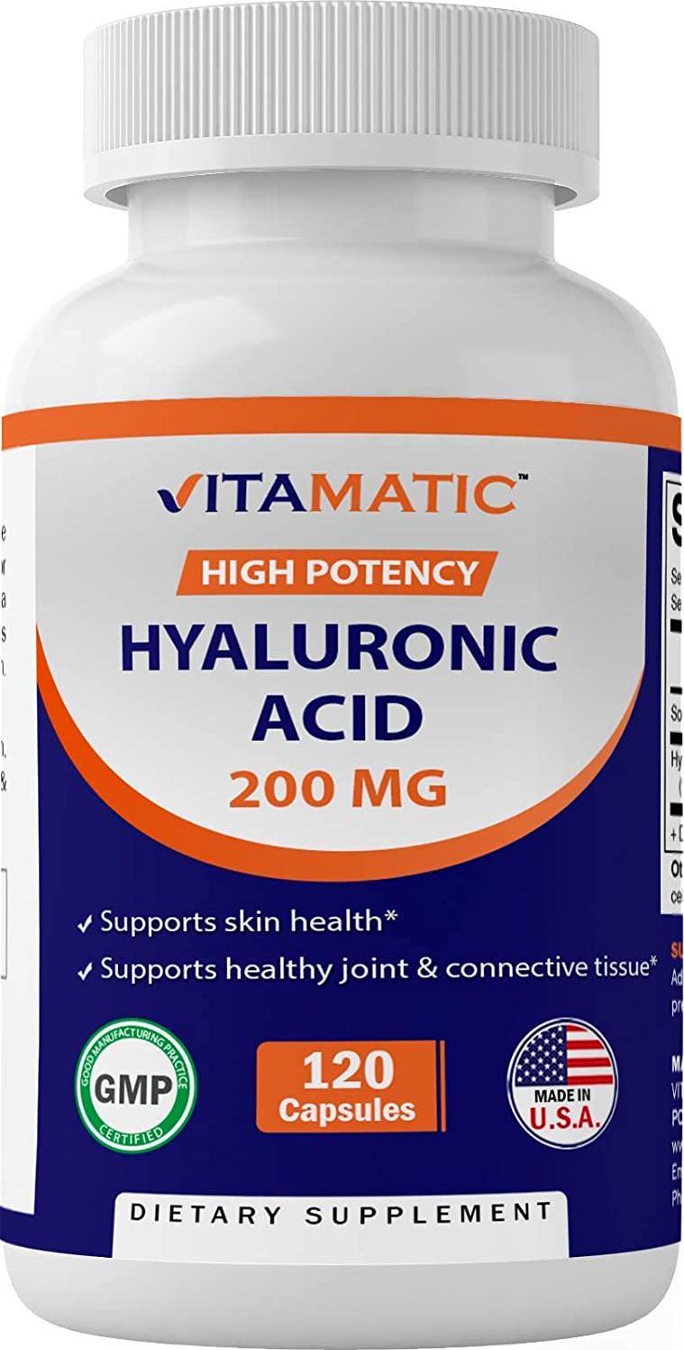 Vitamatic Hyaluronic Acid Supplements 200mg - Supports Healthy Connective Tissue and Joints - Promote Youthful Healthy Skin - 120 Capsules