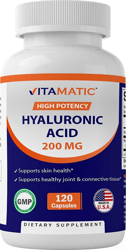 Vitamatic Hyaluronic Acid Supplements 200mg - Supports Healthy Connective Tissue and Joints - Promote Youthful Healthy Skin - 120 Capsules
