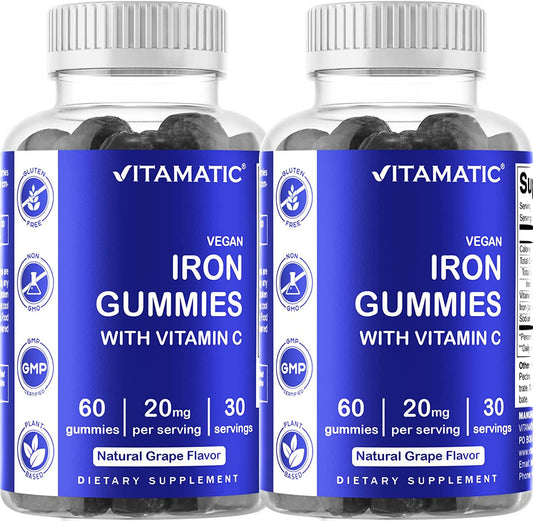 Vitamatic Iron Gummies Supplement for Women and Men - 20mg Serving - 60 Vegan Gummies - Great Tasting Iron Gummy Vitamins with Vitamin C (60 Count (Pack of 2))