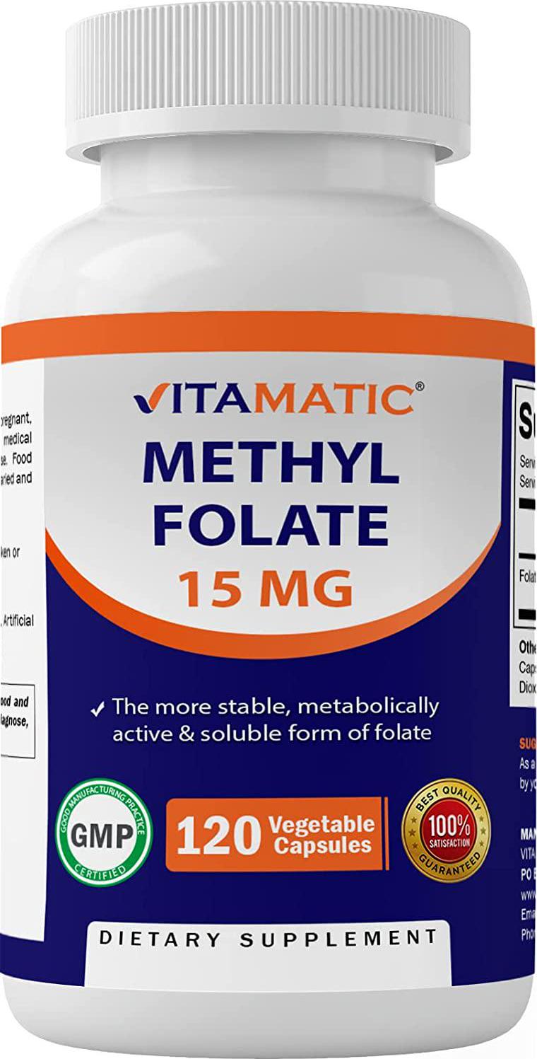 Vitamatic L Methylfolate 15mg - 120 Vegetable Capsules - Optimized and Activated High Potency - Metabolically Active Folate