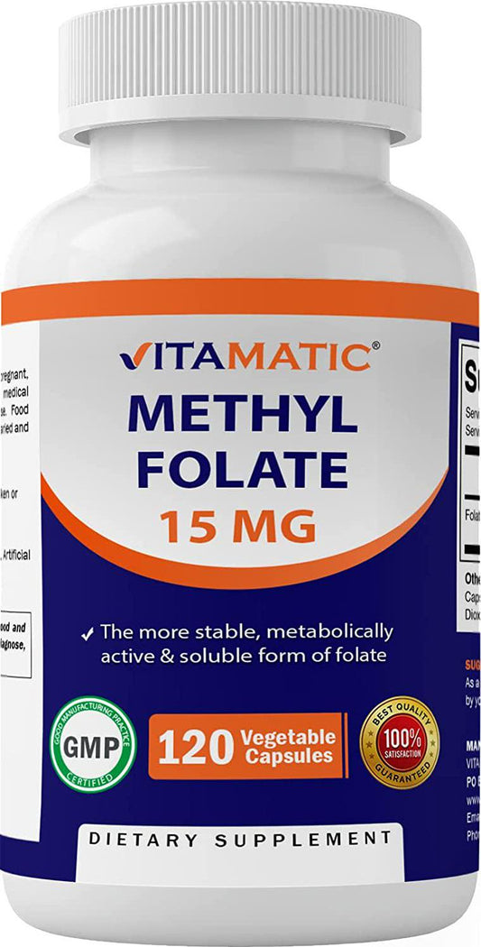 Vitamatic L Methylfolate 15mg - 120 Vegetable Capsules - Optimized and Activated High Potency - Metabolically Active Folate