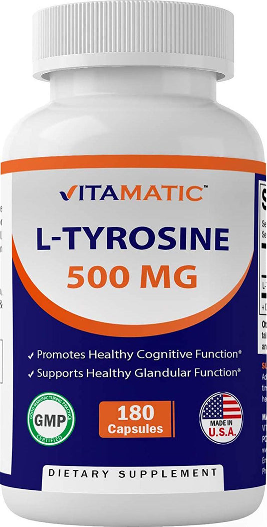 Vitamatic L-Tyrosine 500 mg 180 Veg Capsules - Supports Mental Clarity – Promotes Alertness – Boosts Energy