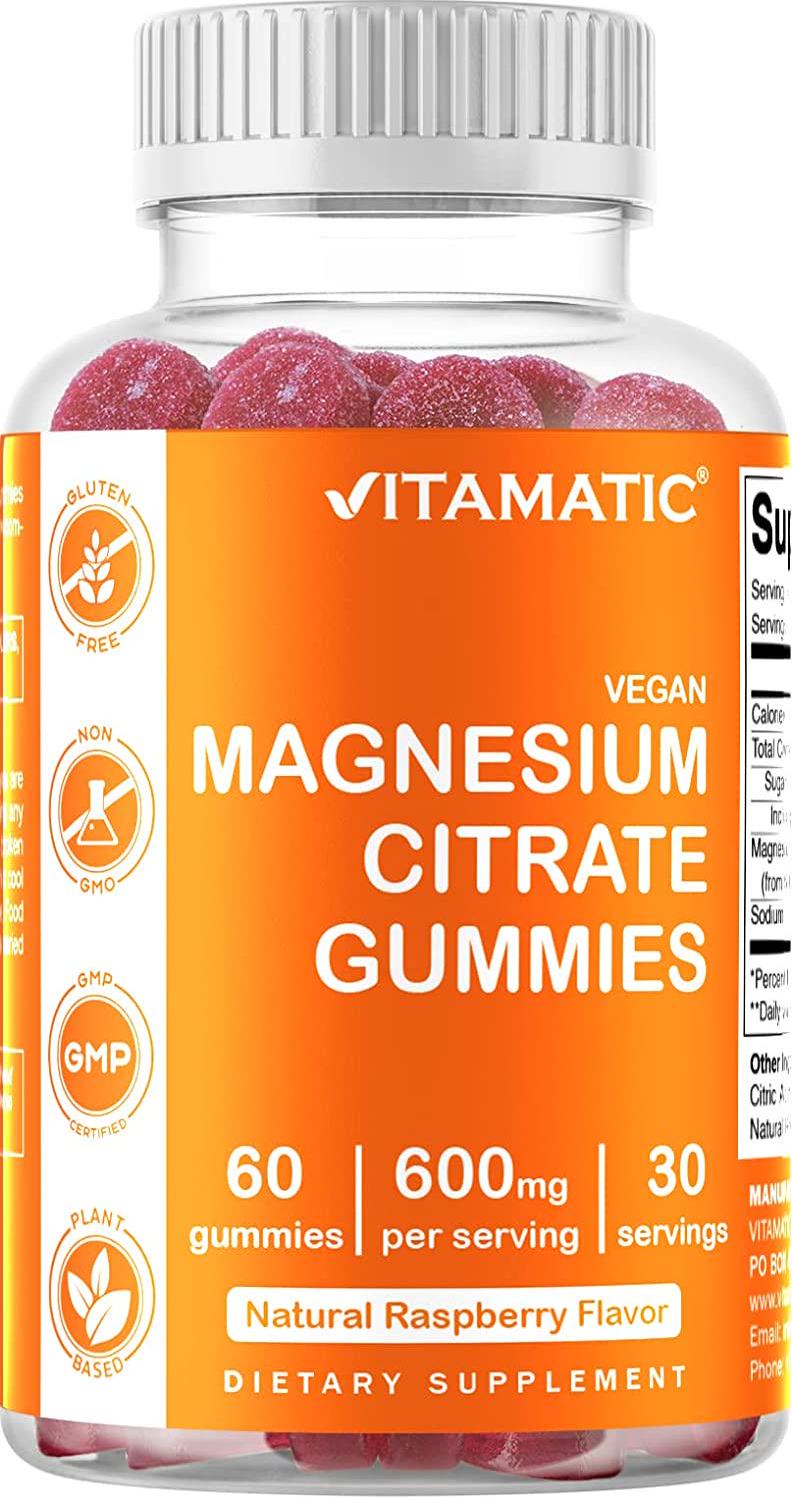 Vitamatic Magnesium Citrate Gummies 600mg per Serving - 60 Vegan Gummies - Promotes Healthy Relaxation, Muscle, Bone, and Energy Support