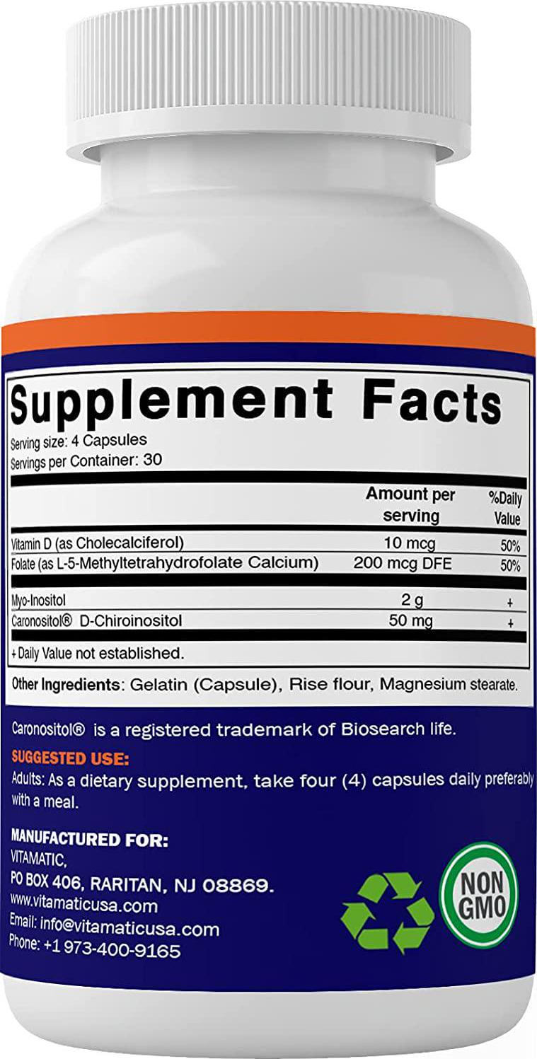 Vitamatic Myo and D-Chiro Inositol Fertility Supplements for Women- 2000mg Serving - 40:1 Ratio with MTHF, Folate and Vitamin D - 120 Capsules