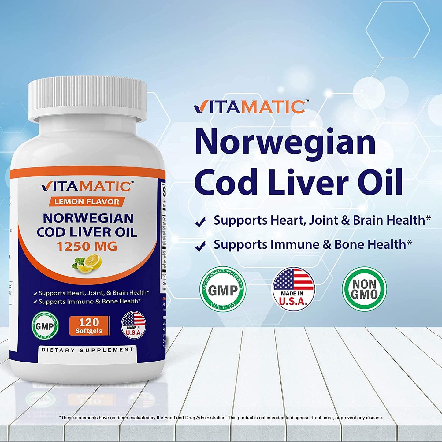 Vitamatic Norwegian Cod Liver Oil 1250mg 120 Softgels (Lemon Flavor) - Promotes Cardiovascular Health