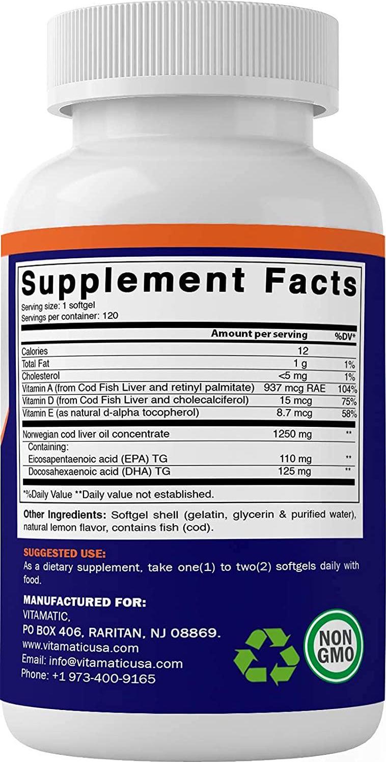 Vitamatic Norwegian Cod Liver Oil 1250mg 120 Softgels (Lemon Flavor) - Promotes Cardiovascular Health