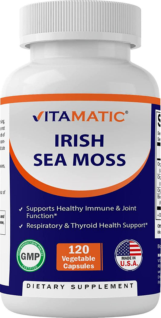 Vitamatic Organic Irish Sea Moss 120 Vegetarian Capsules - Made with Organic Bladderwrack and Organic Burdock Root - Seamoss Supplement for Thyroid, Energy, Immune Support
