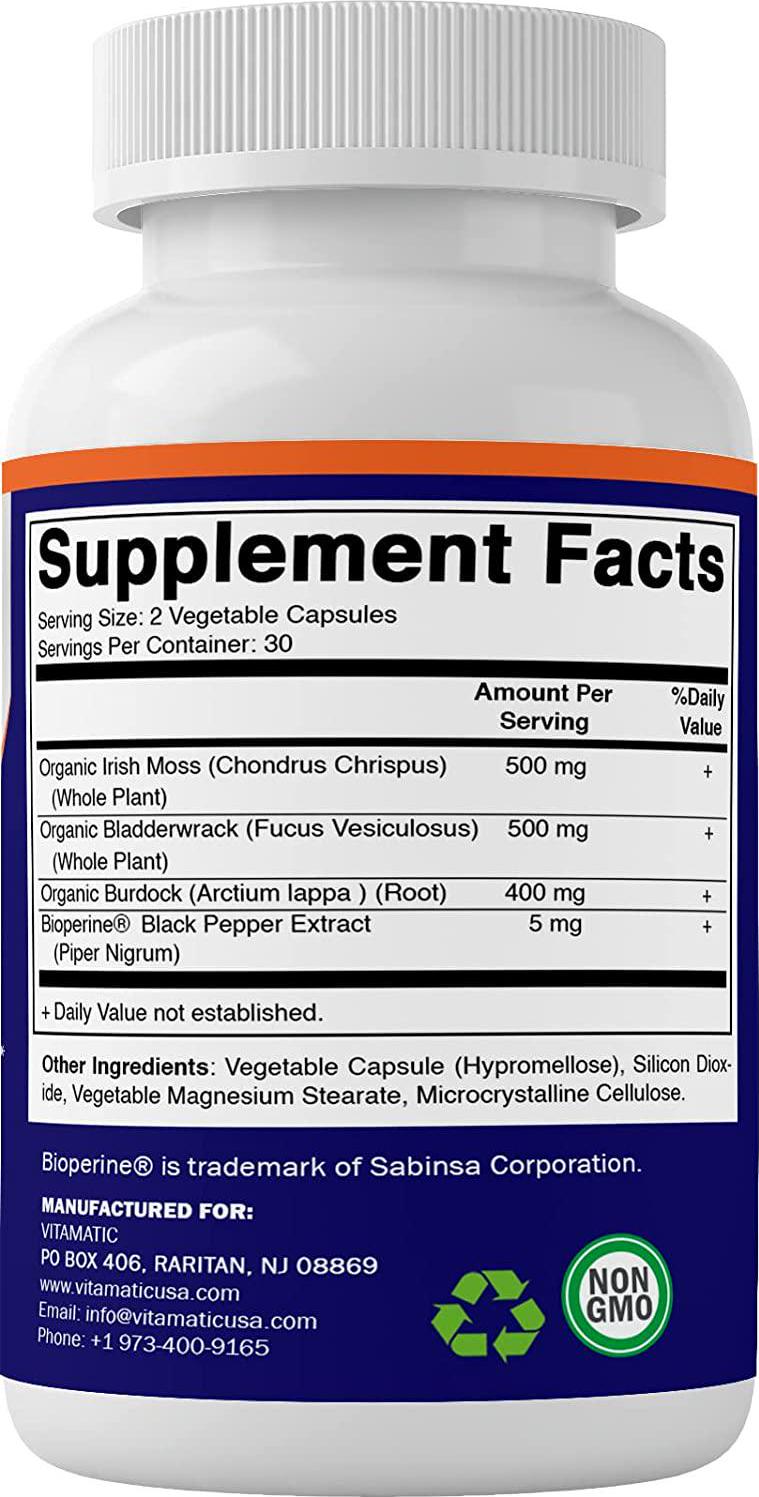 Vitamatic Organic Irish Sea Moss 120 Vegetarian Capsules - Made with Organic Bladderwrack and Organic Burdock Root - Seamoss Supplement for Thyroid, Energy, Immune Support