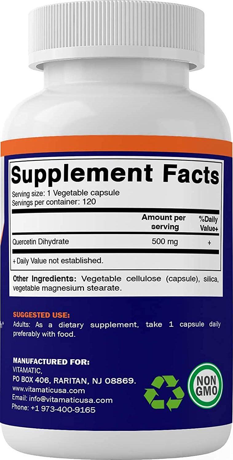 Vitamatic Quercetin 500 mg, 120 Vegetarian Capsules (Non-GMO, Gluten Free, Vegan) - Supports Cardiovascular Health, Helps Improve Anti-Inflammatory and Immune Response,