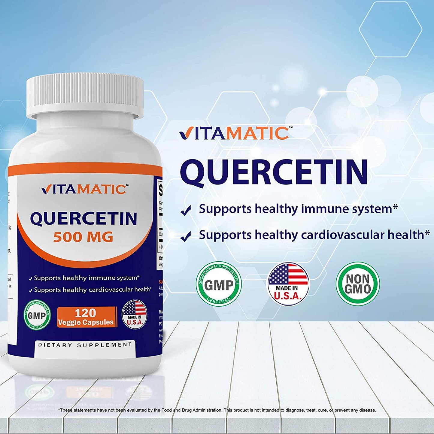 Vitamatic Quercetin 500 mg, 120 Vegetarian Capsules (Non-GMO, Gluten Free, Vegan) - Supports Cardiovascular Health, Helps Improve Anti-Inflammatory and Immune Response,