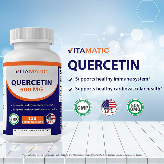 Vitamatic Quercetin 500 mg, 120 Vegetarian Capsules (Non-GMO, Gluten Free, Vegan) - Supports Cardiovascular Health, Helps Improve Anti-Inflammatory and Immune Response,
