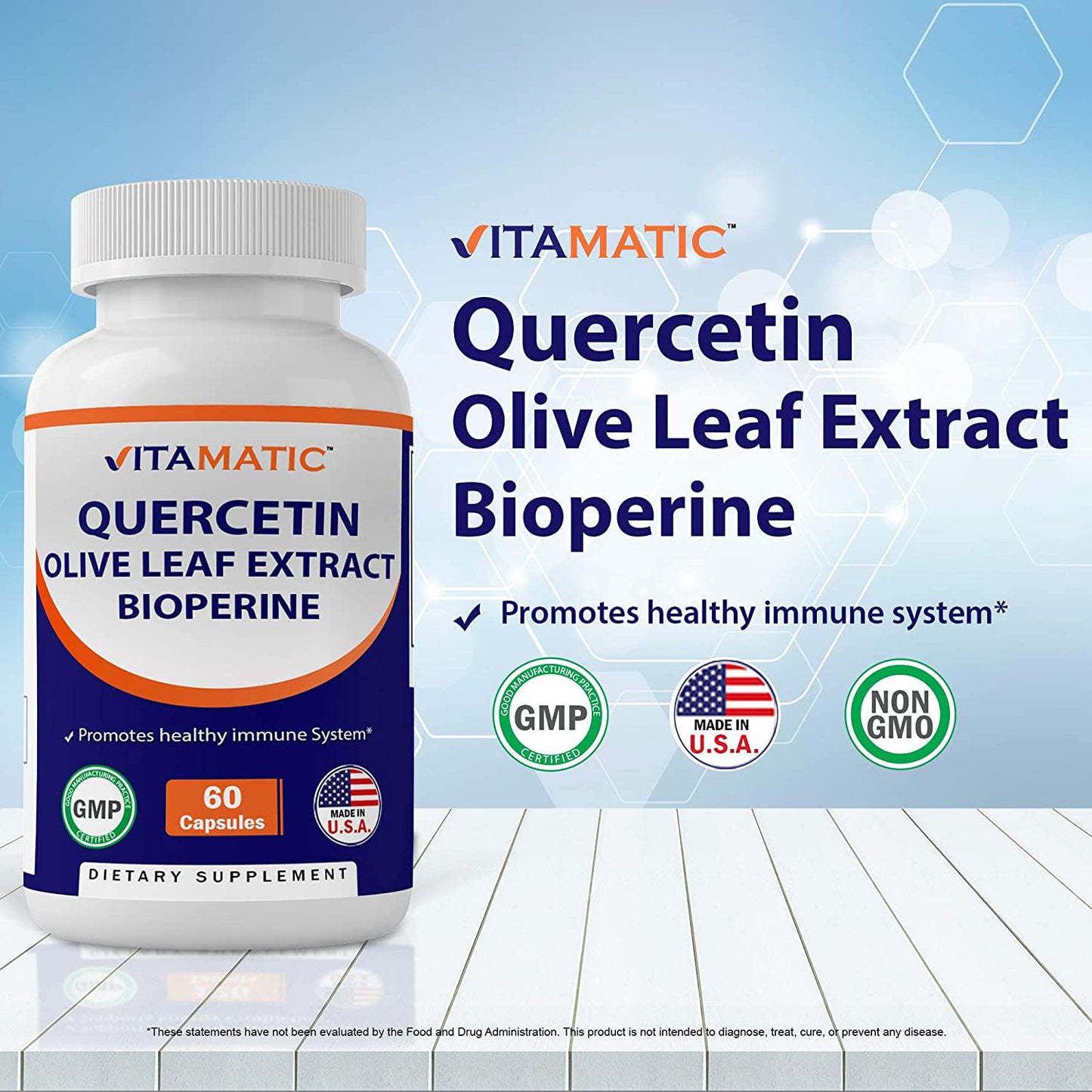 Vitamatic Quercetin, Olive Leaf Extract, with Bioperine for Greater Absorption, Immune Support - 910 mg, 60 Capsules